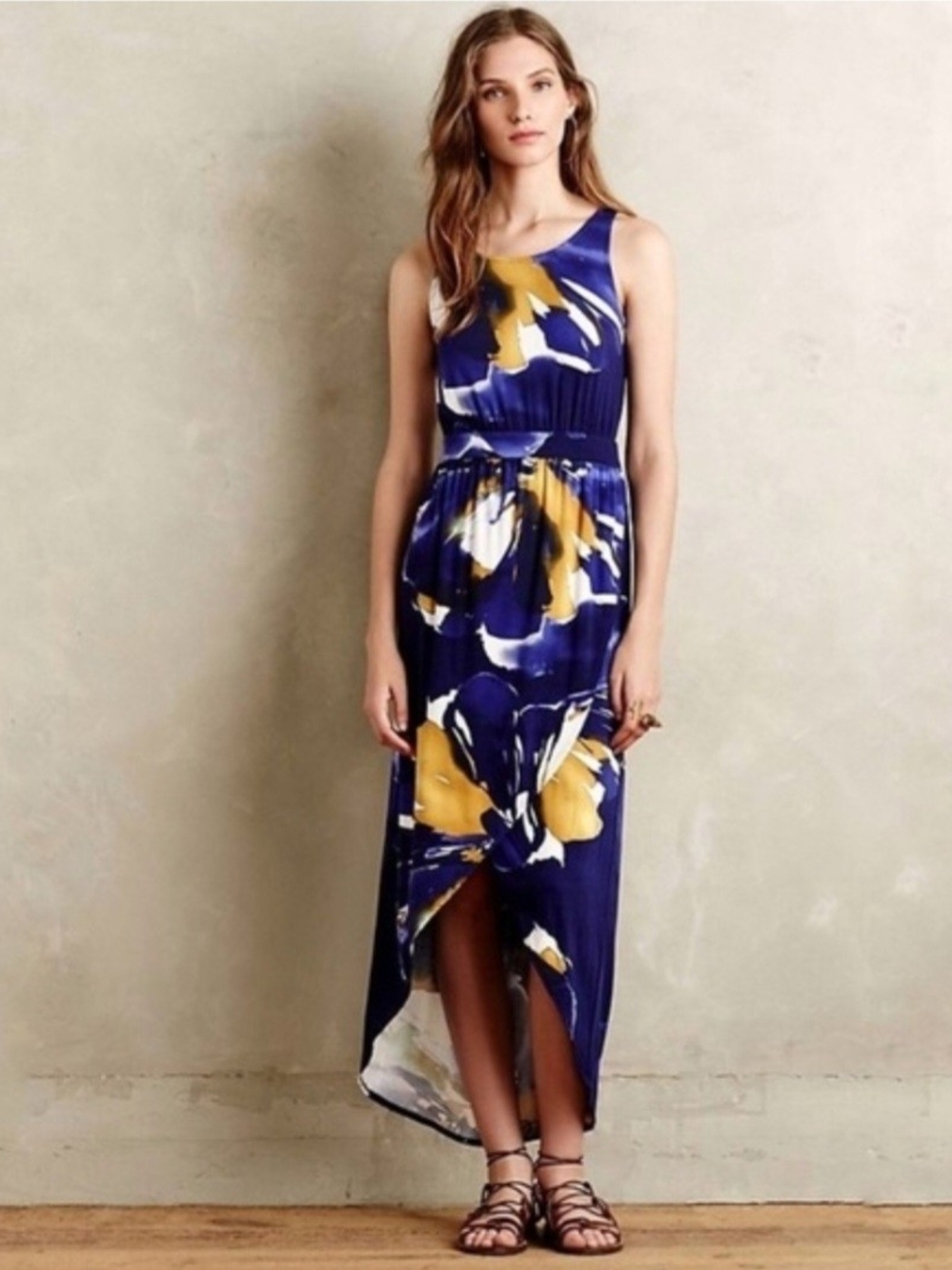 Sleeveless Blue & Yellow Floral Tulip Hem Maxi Dress